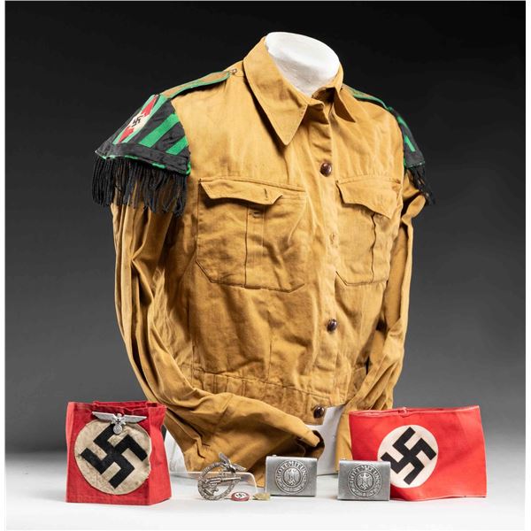 WWII GERMAN HJ UNIFORM, ARMBANDS, BADGE & MORE.