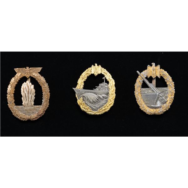 3 WWII GERMAN KRIEGSMARINE BADGES.