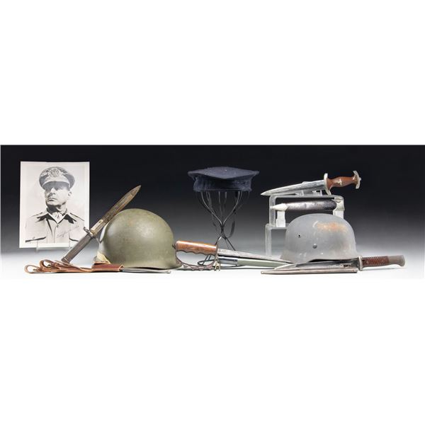 WWII GERMAN DAGGER, HELMET, US HELMET, AND MORE.
