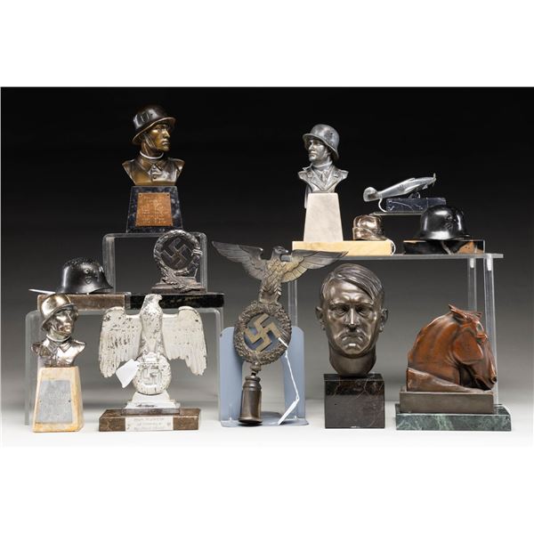 11 WWII GERMAN STATUETTES, DESK ORNAMENTS, & FLAG