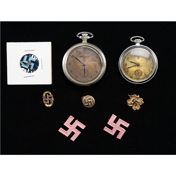2 WWII STYLE GERMAN WATCHES AND PARTY SYMBOL PINS.