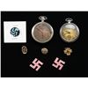 Image 1 : 2 WWII STYLE GERMAN WATCHES AND PARTY SYMBOL PINS.