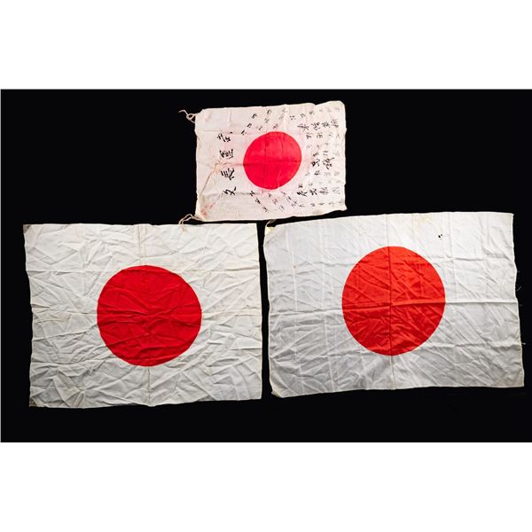 3 WWII JAPANESE HINOMARU SILK FLAGS.