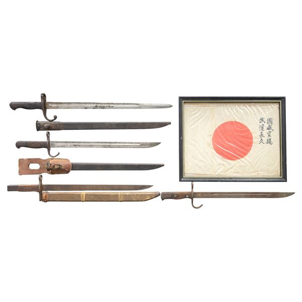 WW2 JAPANESE PRAYER FLAG & 4 BAYONETS.