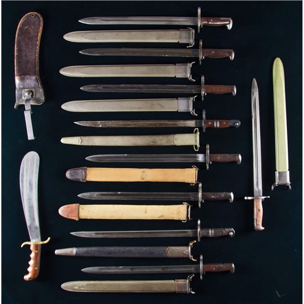 LOT OF 9 U.S. BAYONETS WITH BAYONETS & BOLO KNIFE.