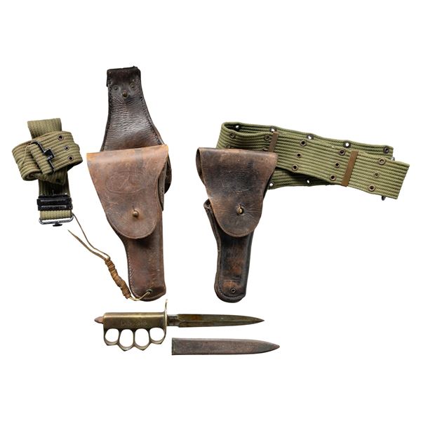 WWI US TRENCH KNIFE AND 2 M1911 HOLSTERS & BELTS.