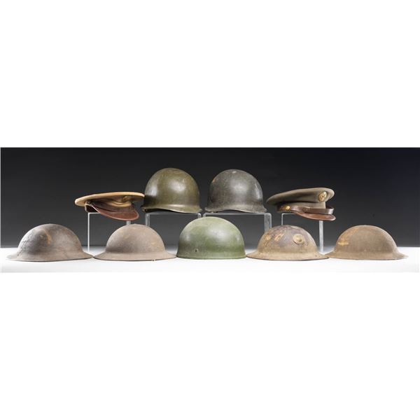 AMERICAN HELMETS, HATS AND A BRITISH HELMET.