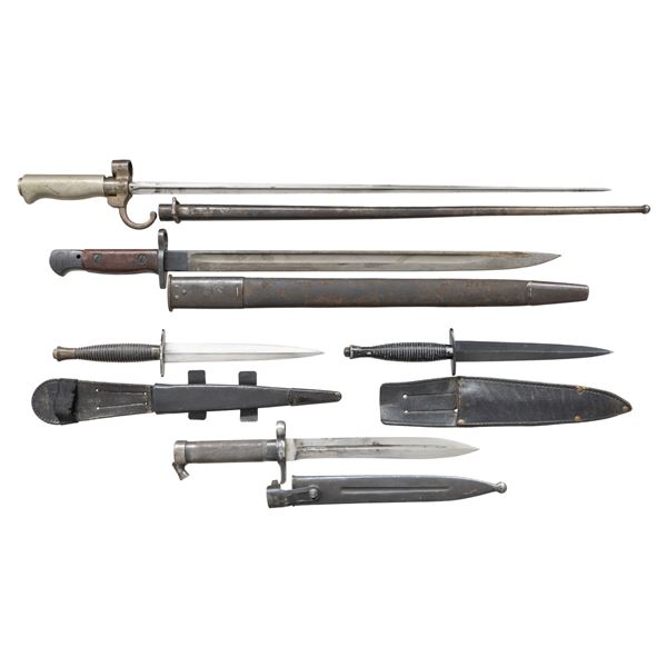 LOT OF 3 FOREIGN BAYONETS & 2 FIGHTING KNIVES.