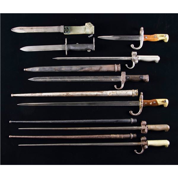 SIX FRENCH BAYONETS AND ONE TRENCH KNIFE.