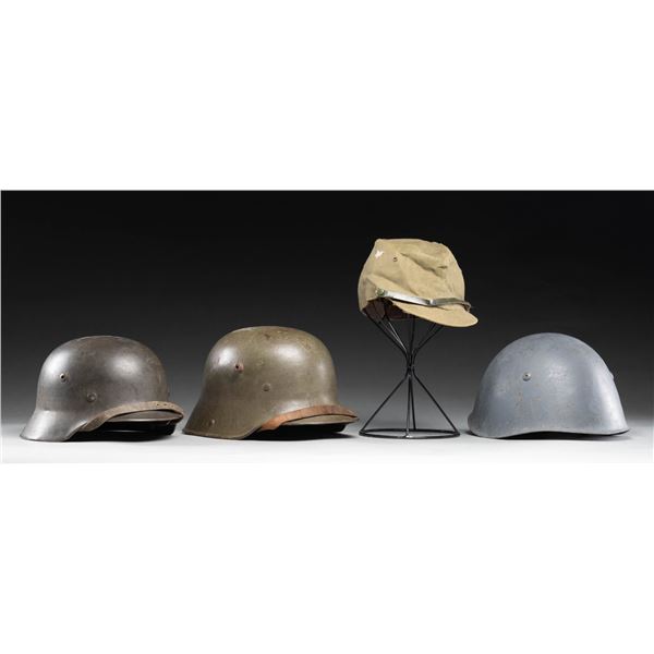 2 GERMAN HELMETS, ITALIAN HELMET & JAPANESE CAP.
