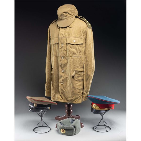 3 RUSSIAN MILITARY HATS, UNIFORM, AND BAYONET.