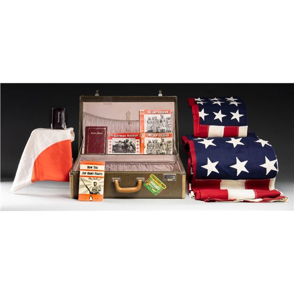 TRAVEL TRUNK WITH ASSORTED WWII MILITARIA.