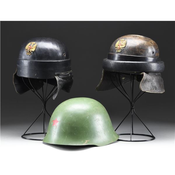 2 SPANISH MOTORCYCLE/TANKER HELMETS & 1 SERBIAN