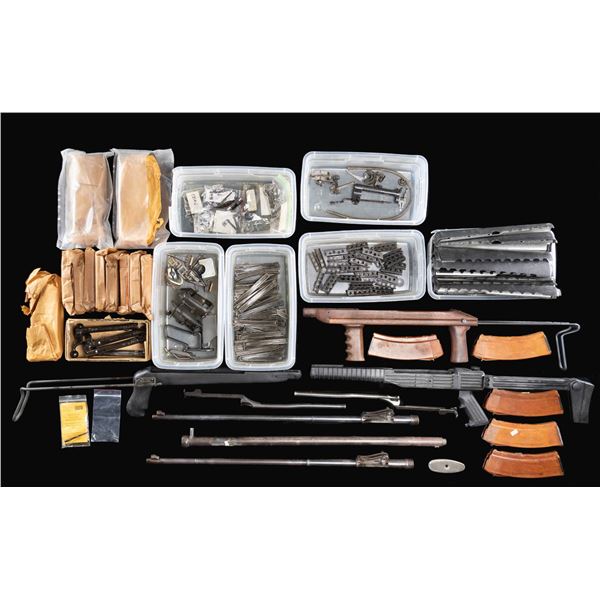 GROUPING OF MILITARY GUN PARTS, STOCKS, CLIPS AND