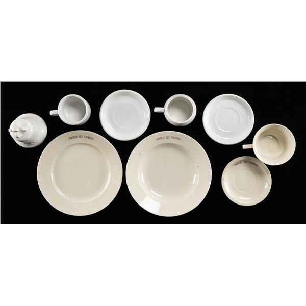 WWII GERMAN PLATE, BOWL, CUPS, SAUCERS & BELL.