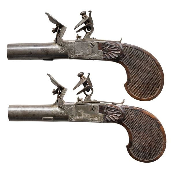 PAIR OF BELGIAN SCREW BARREL FLINTLOCK PISTOLS.