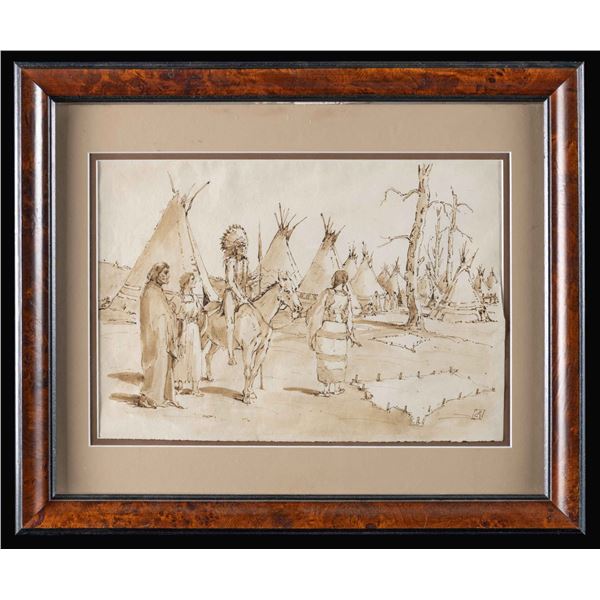 INK SKETCH OF A NATIVE AMERICAN ENCAMPMENT.