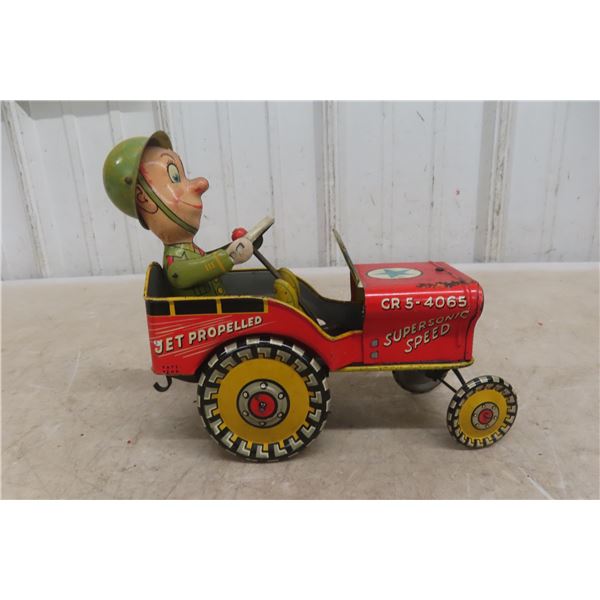 1940s Unique Art Mfg. Tin Litho Wind Up GI Joe and His Joucing Jeep 