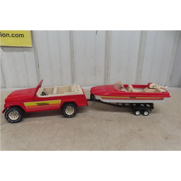 1970s Tonka Metal Jeepster with Plastic Boat and Trailer 