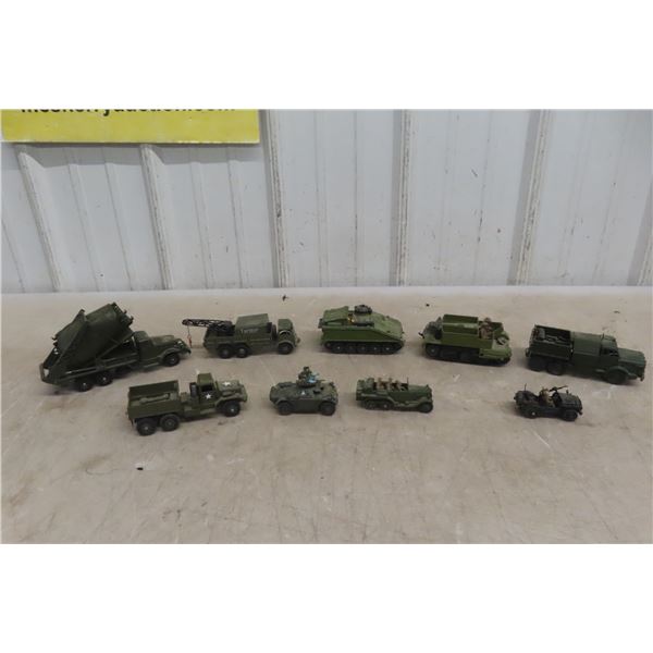 9 Dinky Military Trucks, Tanks and Jeeps.