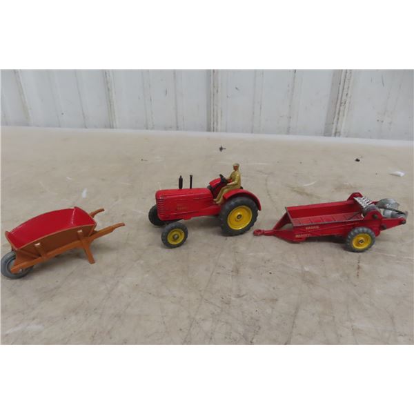 3 Dinky Toys: Massey Harris Tractor, Massey Harris Manure