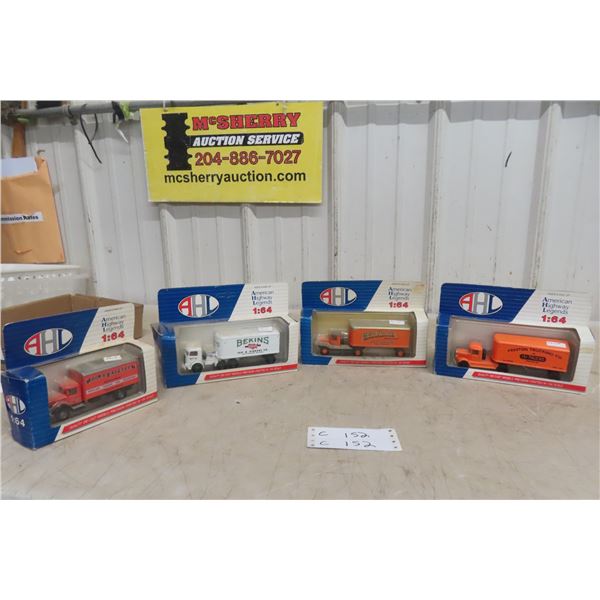 Four American Highway Legends 1/64 Die-Cast Trucks, Trailers & Advertising Pieces, All in Packages