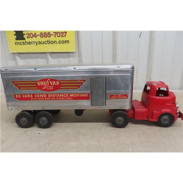 Wyandotte Grey Van Lines De Luxe Pressed-Metal Dodge Moving Truck & Trailer, 1950s, 25" Long