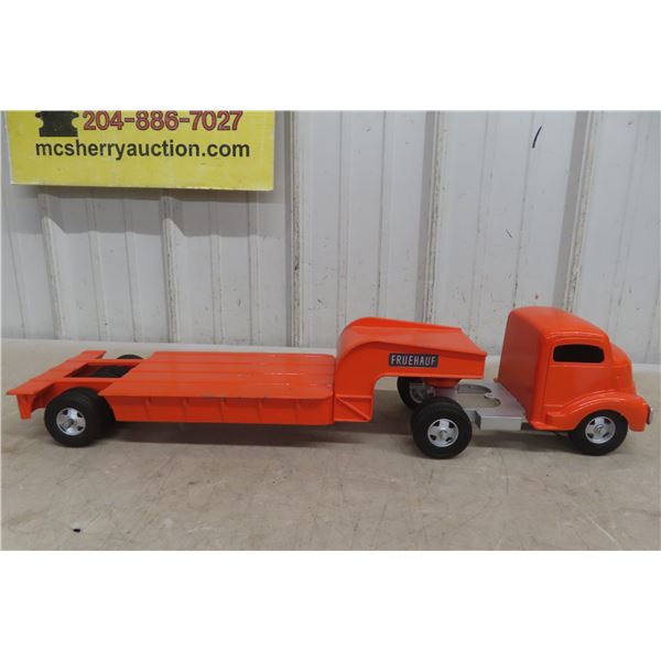 Smith-Miller Toy, GMC Truck with Lowboy Trailer, Pressed Metal, Restored, 26" Long