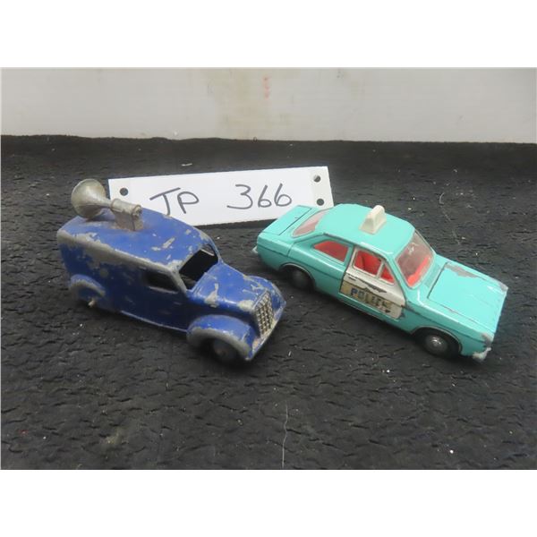 Dinky Toys #492 Loudspeaker Van (1954), 2" x 3 1/4" x 1 1/2", and Ford Escort Police Car, 1 1/2" x