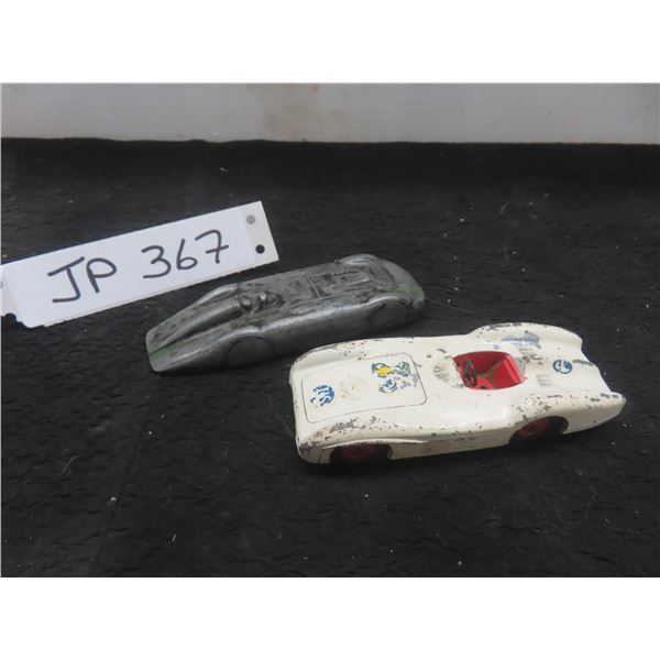 Dinky Toys #33P MG Magnette, 1 1/2" x 4" x 1 1/4", and #237 Mercedes-Benz (1957), 3 1/4" x 4 1/2"