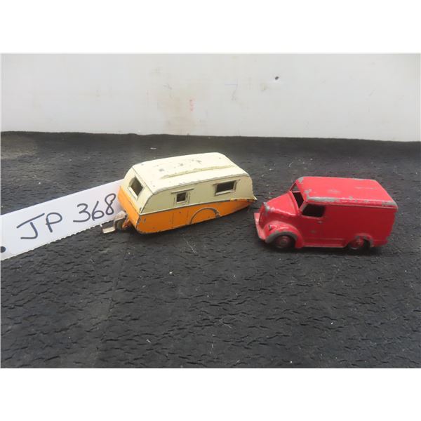 Dinky Toys #451 Trojan Van (1954), 1 1/2" x 3 1/2" x 1 3/8", and #190 Caravan (1956), 1 3/4" x 4"