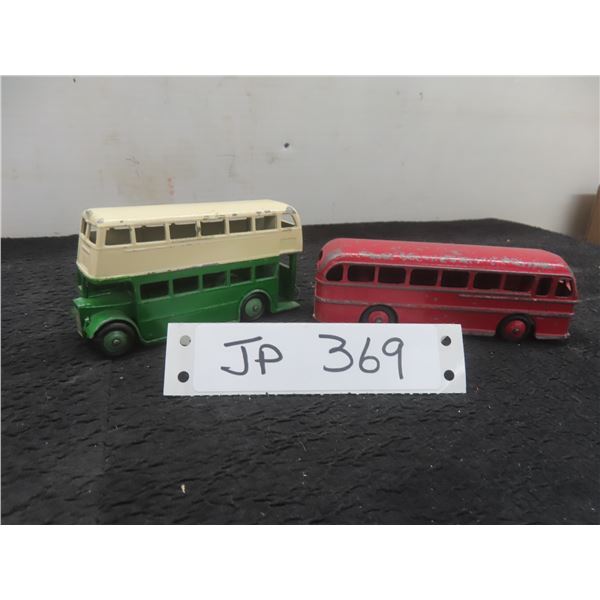 Dinky Toys #282 Leyland Royal Tiger (1954), 1 1/2" x 5" x 1 3/8", and #290 Double-Decker Bus