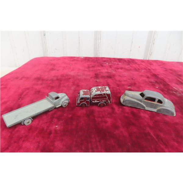 1940s London Toy Car, Missing 1 Axel and Tires, 1 Dublo Denry Toy Truck, 1 Lesney Refuse Collector