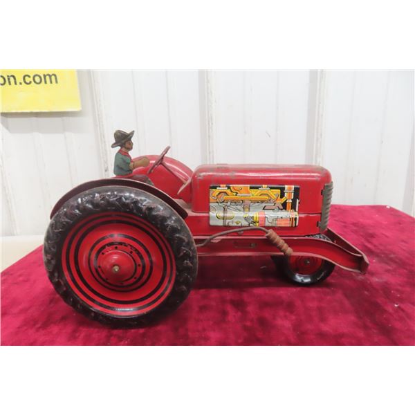 All-Metal Farm Tractor with Loader and Driver, Missing Bucket, 12" × 7" × 8"