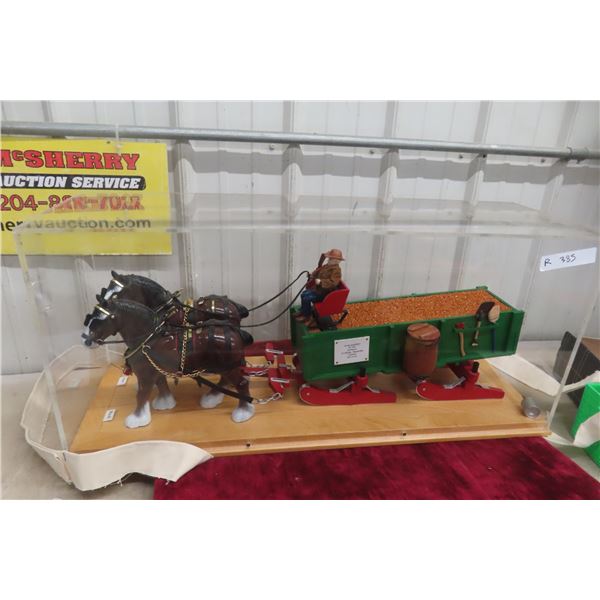 Draft Horses with Bob Sleigh Grain Wagon in Plexiglass Display, 32" Long