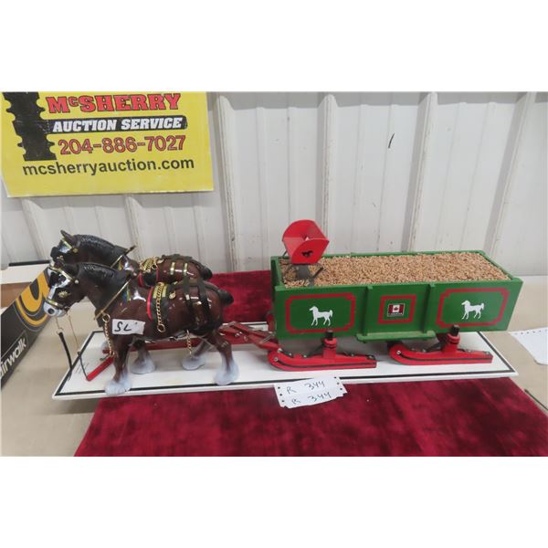 Draft Horses with H&M Bob Sleigh Grain Wagon Display, 30" Long