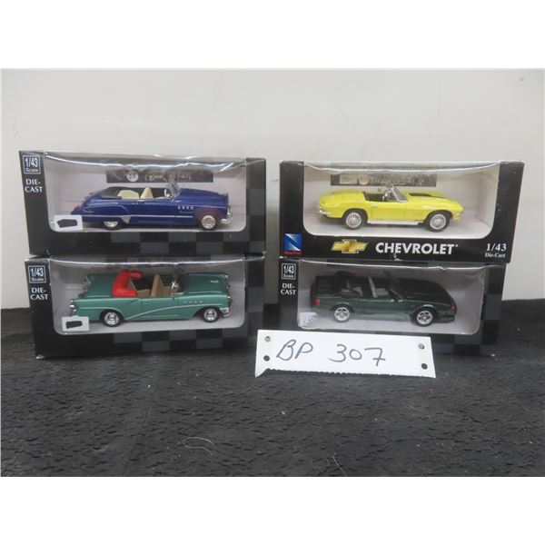Four 1/43 Scale Die-Cast Cars: 1989 Mustang, 1955 Buick, 1967 Chevrolet, 1949 Buick Corvette