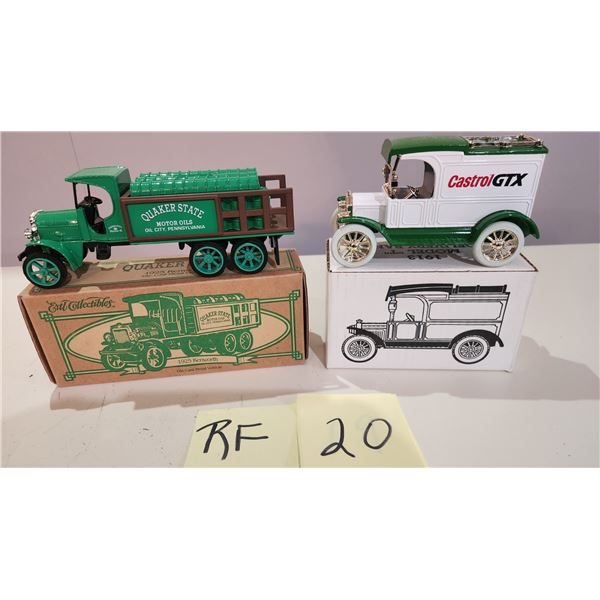 Castrol 1913 Model T Delivery Bank 1/25th, Quaker State 1925 Kenworth Diecast 1/34th Scale.