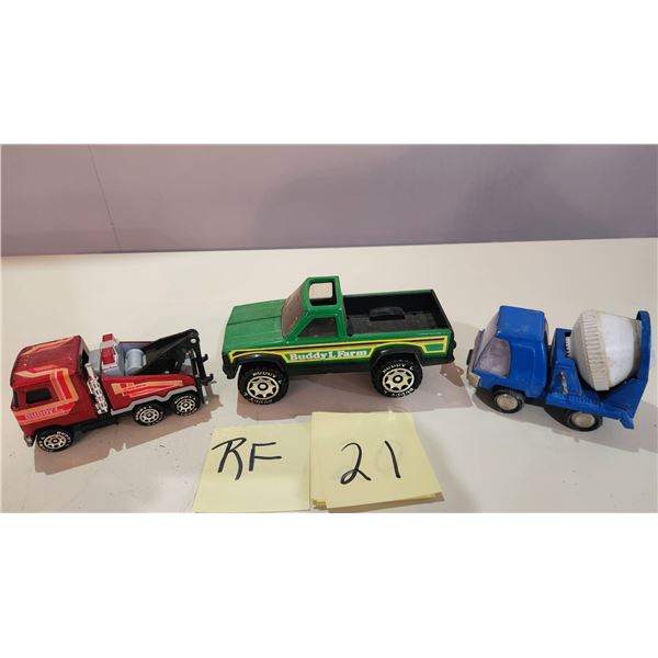3 Buddy L Trucks: 1/2 Ton 4x4 7", 5" Concrete Truck, 5" Tow Truck.