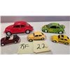 Image 1 : 5 Volkswagen Beetles - Largest is 1957 Beetle 1/24, 1999 BBurago, 2 Small, Transformer Beetle.
