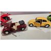 Image 4 : 5 Volkswagen Beetles - Largest is 1957 Beetle 1/24, 1999 BBurago, 2 Small, Transformer Beetle.