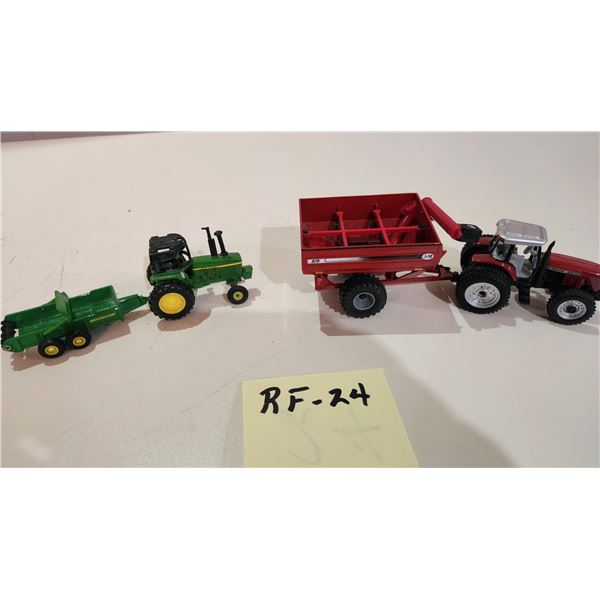 Massey 8270 Tractor Diecast + Grain Bin 7", John Deere Tractor + Spreader 6"