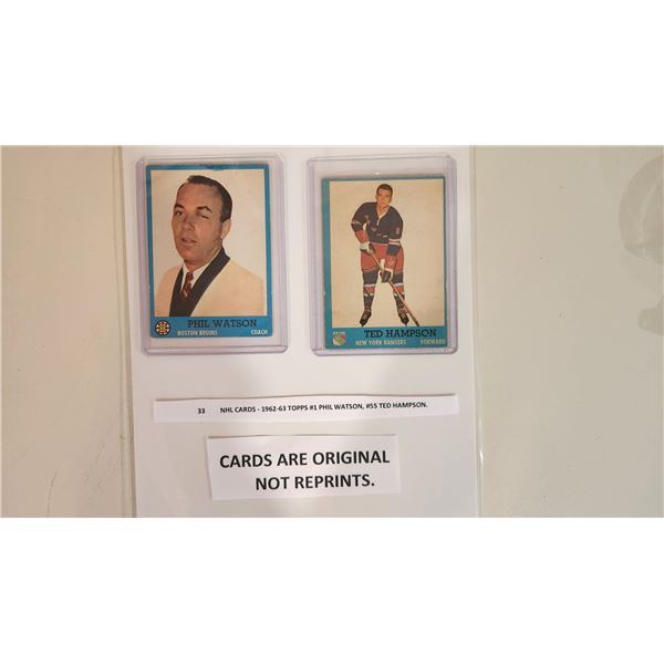 NHL Cards – 1962-63 Topps #1 Phil Watson, #55 Ted Hampson.