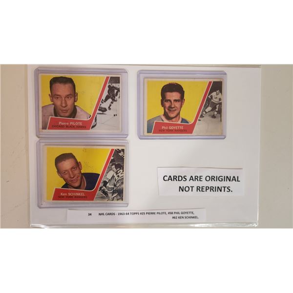 NHL Cards – 1963-64 Topps #25 Pierre Pilote, #58 Phil Goyette, #62 Ken Schinkel.