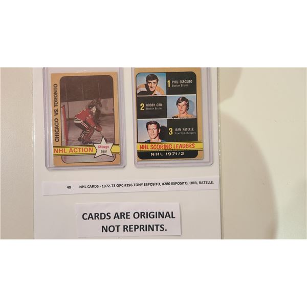 NHL Cards – 1972-73 OPC #196 Tony Esposito, #280 Esposito/Orr/Ratelle.