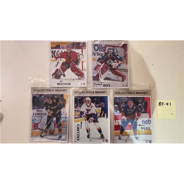 5 NHL Fridge Magnets 6" x 7.5": Belfour, Roy, Lemieux, Gretzky, Hull.