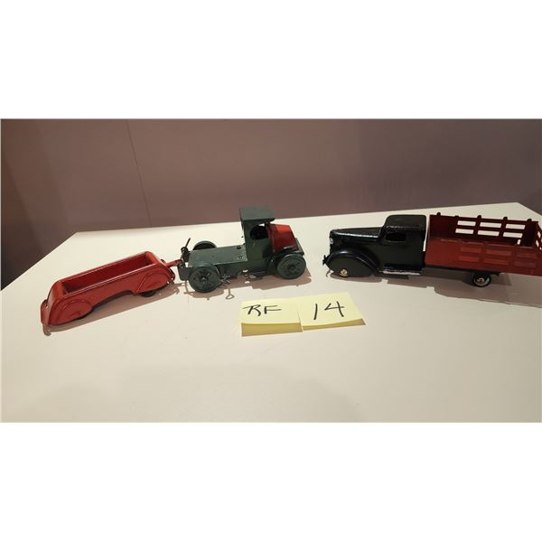 Antique Tin/Pressed Steel Truck + Trailer 14", Pressed Steel Truck on Wooden Wheels 11" Long