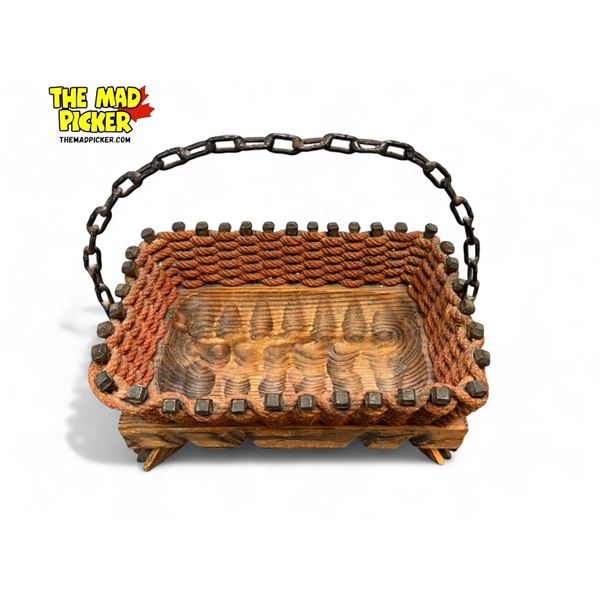 Vintage French Woven Rope Nail Basket With Chain Link Handle