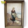 Image 1 : Artist Signed Original Oil Painting Victorian Woman At Shore Collection Fish Scene