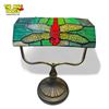 Image 1 : Vintage Stain Leaded Glass Dragonfly Themed Bankers Lamp
